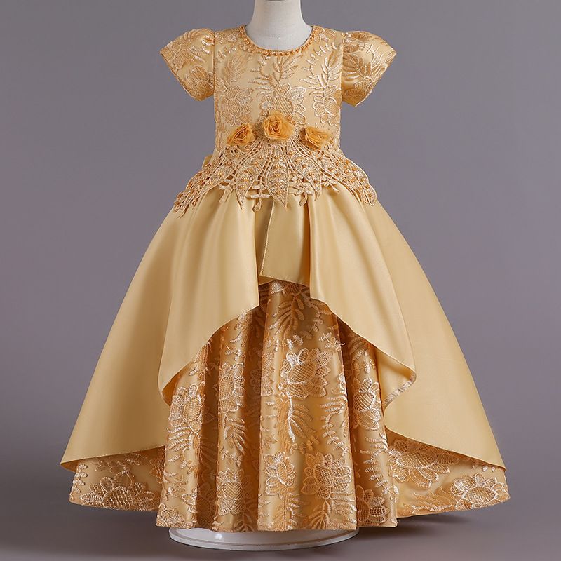 Girls Kids Clothing Princess Dress New Style Formal Gown Short Sleeved Dress Satin Embroidered Puffy Skirt High End Design Noble Temperament Party Holiday Outfit
