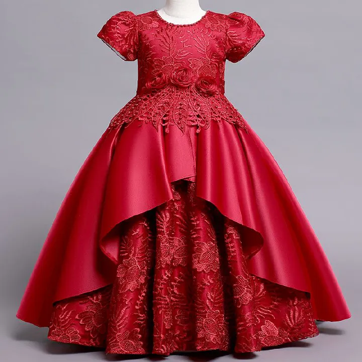 Girls Kids Clothing Princess Dress New Style Formal Gown Short Sleeved Dress Satin Embroidered Puffy Skirt High End Design Noble Temperament Party Holiday Outfit
