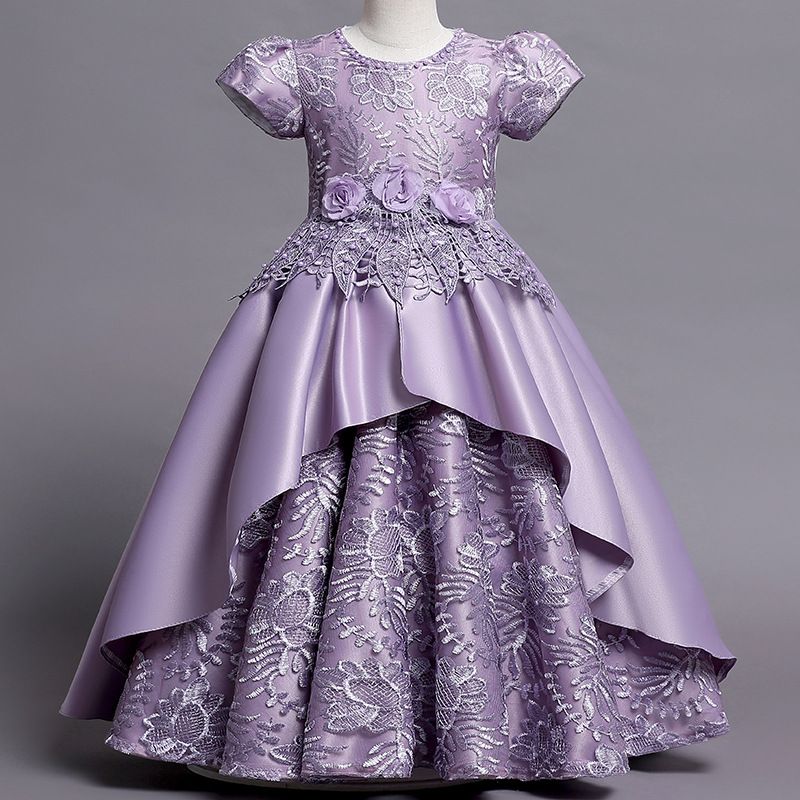Girls Kids Clothing Princess Dress New Style Formal Gown Short Sleeved Dress Satin Embroidered Puffy Skirt High End Design Noble Temperament Party Holiday Outfit