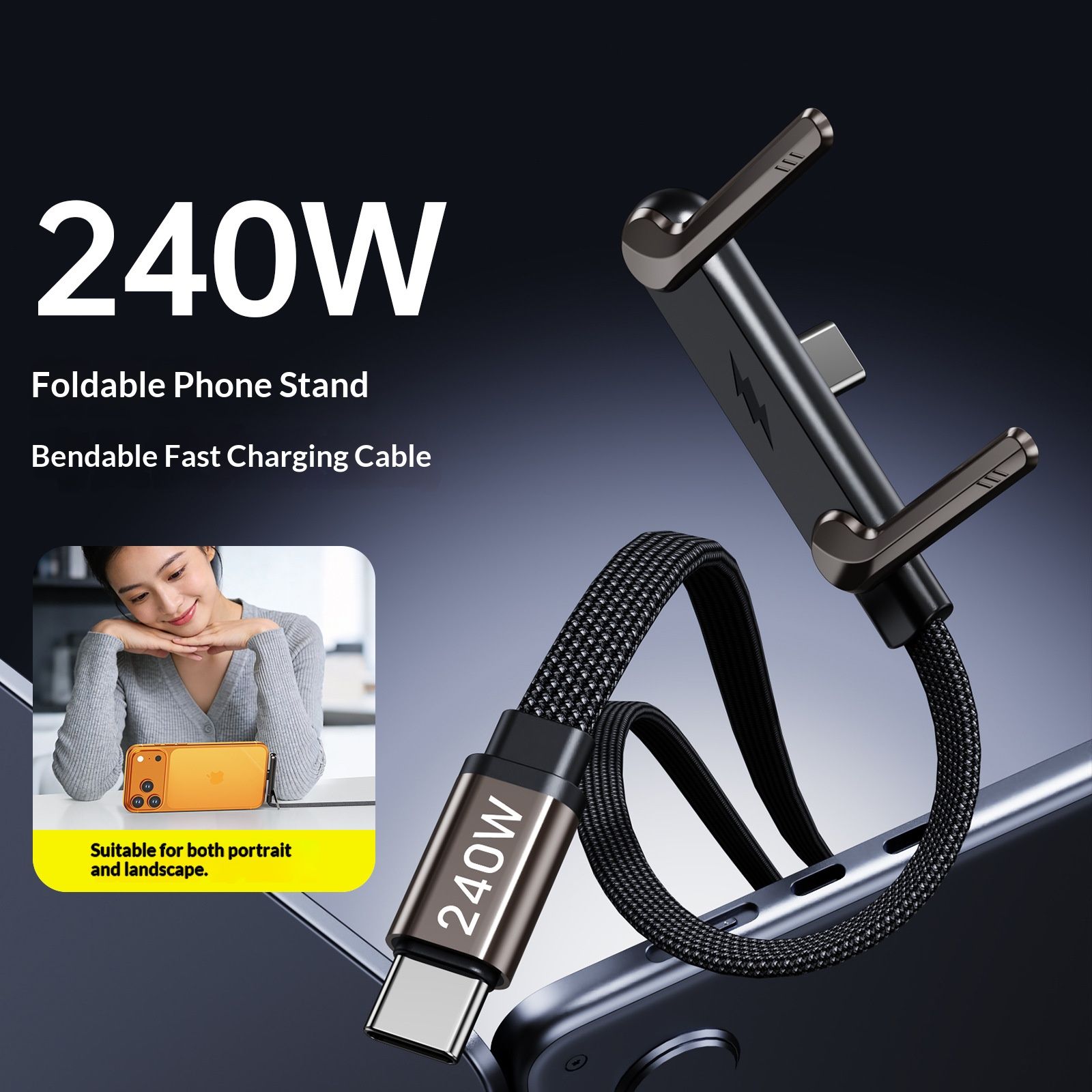 Newly Upgraded 240W Super Fast Charge Multifunctional Data Cable USB Type-C Charging Cable Phone Stand Car Charger Cable Compatible With Apple Huawei