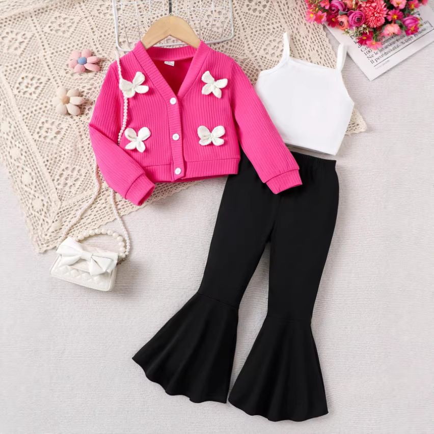Girls Kids Clothing 3 Piece Set 2-7Y Fashion New Style Knitted 3D Flower Long Sleeved Coat Cardigan Solid Color Camisole Flared Pants Outfit for Kids Clothes