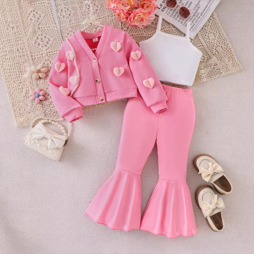 Girls Kids Clothing 3 Piece Set 2-7Y Fashion New Style Knitted 3D Flower Long Sleeved Coat Cardigan Solid Color Camisole Flared Pants Outfit for Kids Clothes