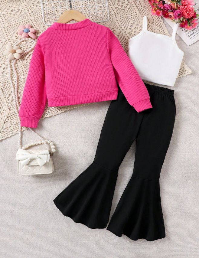 Girls Kids Clothing 3 Piece Set 2-7Y Fashion New Style Knitted 3D Flower Long Sleeved Coat Cardigan Solid Color Camisole Flared Pants Outfit for Kids Clothes