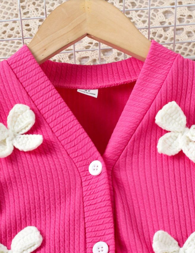 Girls Kids Clothing 3 Piece Set 2-7Y Fashion New Style Knitted 3D Flower Long Sleeved Coat Cardigan Solid Color Camisole Flared Pants Outfit for Kids Clothes