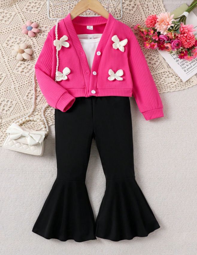 Girls Kids Clothing 3 Piece Set 2-7Y Fashion New Style Knitted 3D Flower Long Sleeved Coat Cardigan Solid Color Camisole Flared Pants Outfit for Kids Clothes