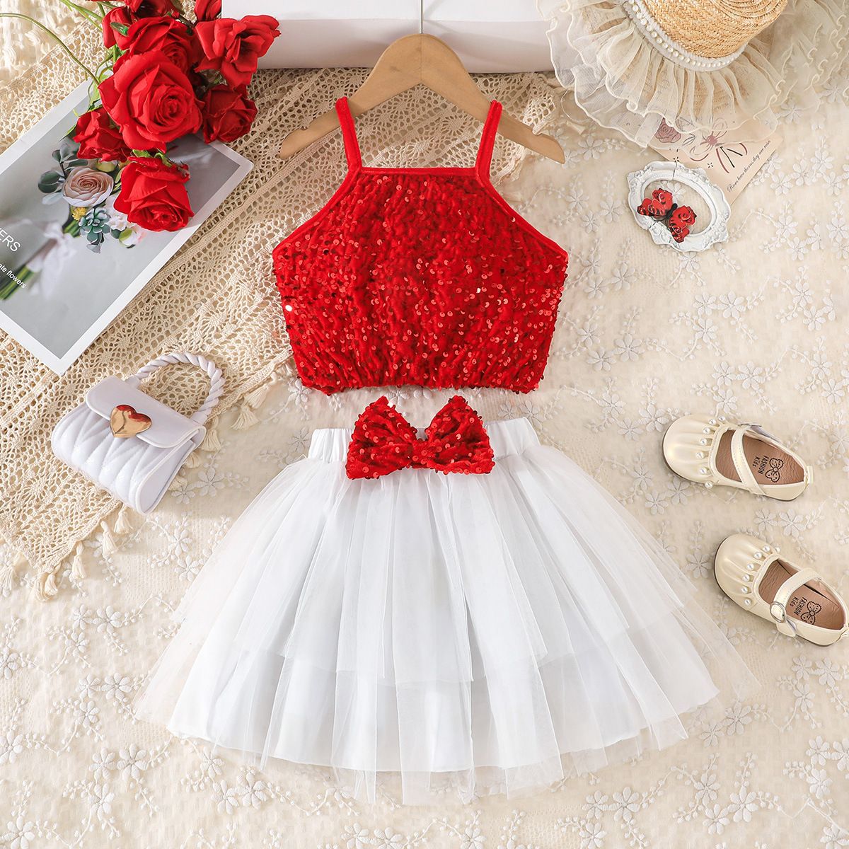 2 PCs Girls Kids Clothing 2-7Y Fashion New Style Sequin Camisole Tulle Half Skirt Bow Dance Party Outfit