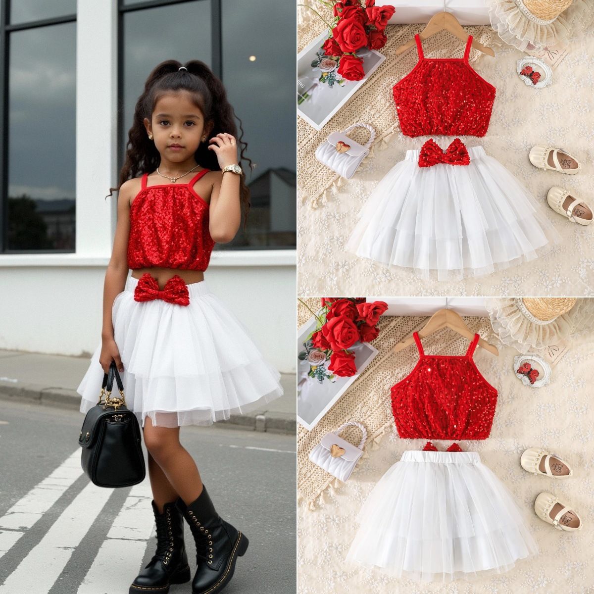 2 PCs Girls Kids Clothing 2-7Y Fashion New Style Sequin Camisole Tulle Half Skirt Bow Dance Party Outfit