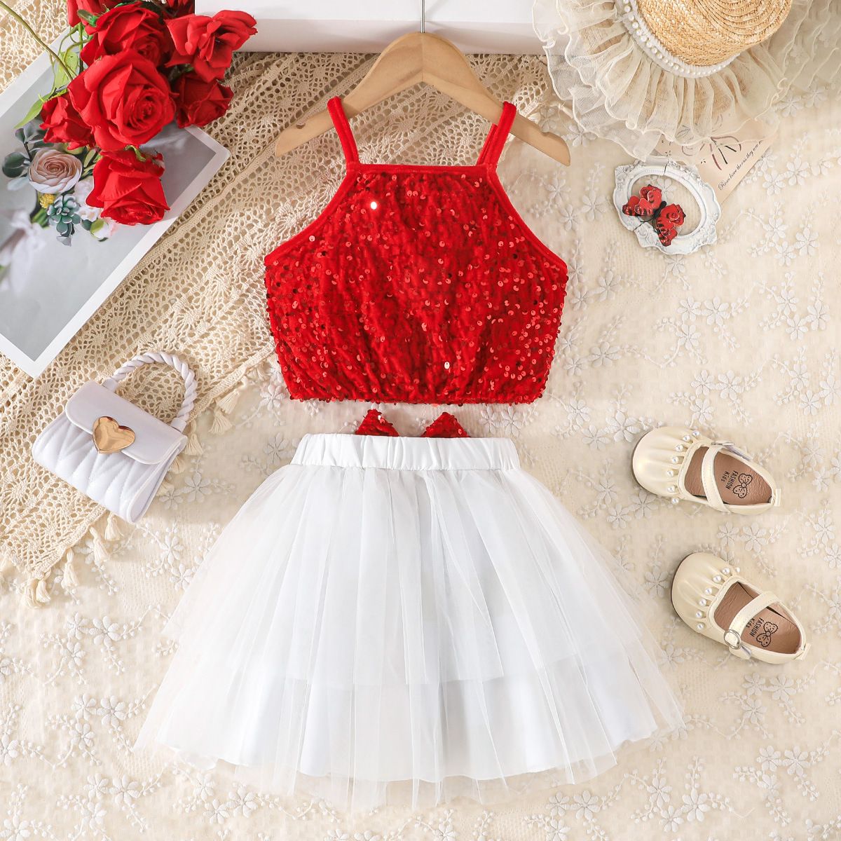 2 PCs Girls Kids Clothing 2-7Y Fashion New Style Sequin Camisole Tulle Half Skirt Bow Dance Party Outfit