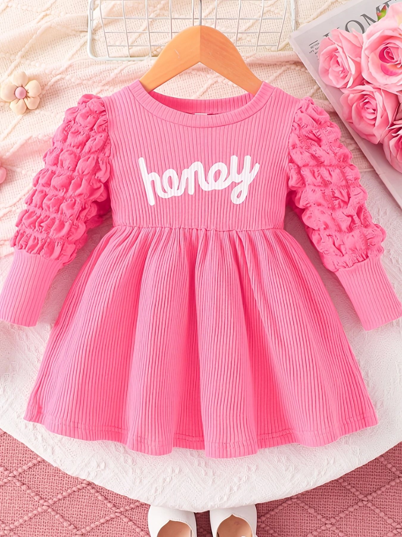 Girls Baby Clothing INS Style Spring Autumn Crew Neck Bubble Long Sleeve Waist Cinched Romper Dress Cute Letter Print