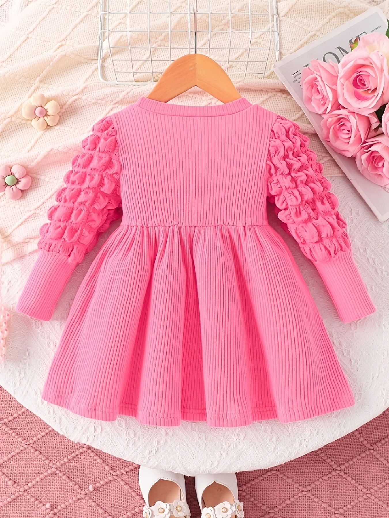 Girls Baby Clothing INS Style Spring Autumn Crew Neck Bubble Long Sleeve Waist Cinched Romper Dress Cute Letter Print