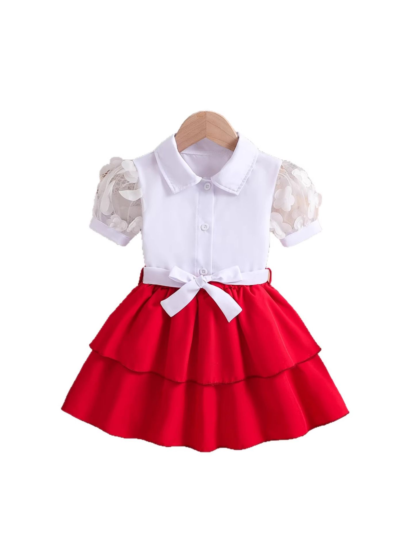 2 PCs Girls Kids Clothing INS Style Fashion New Style Collar Buttoned Lace Tulle Sleeve Bow Red Pleated Skirt Outfit