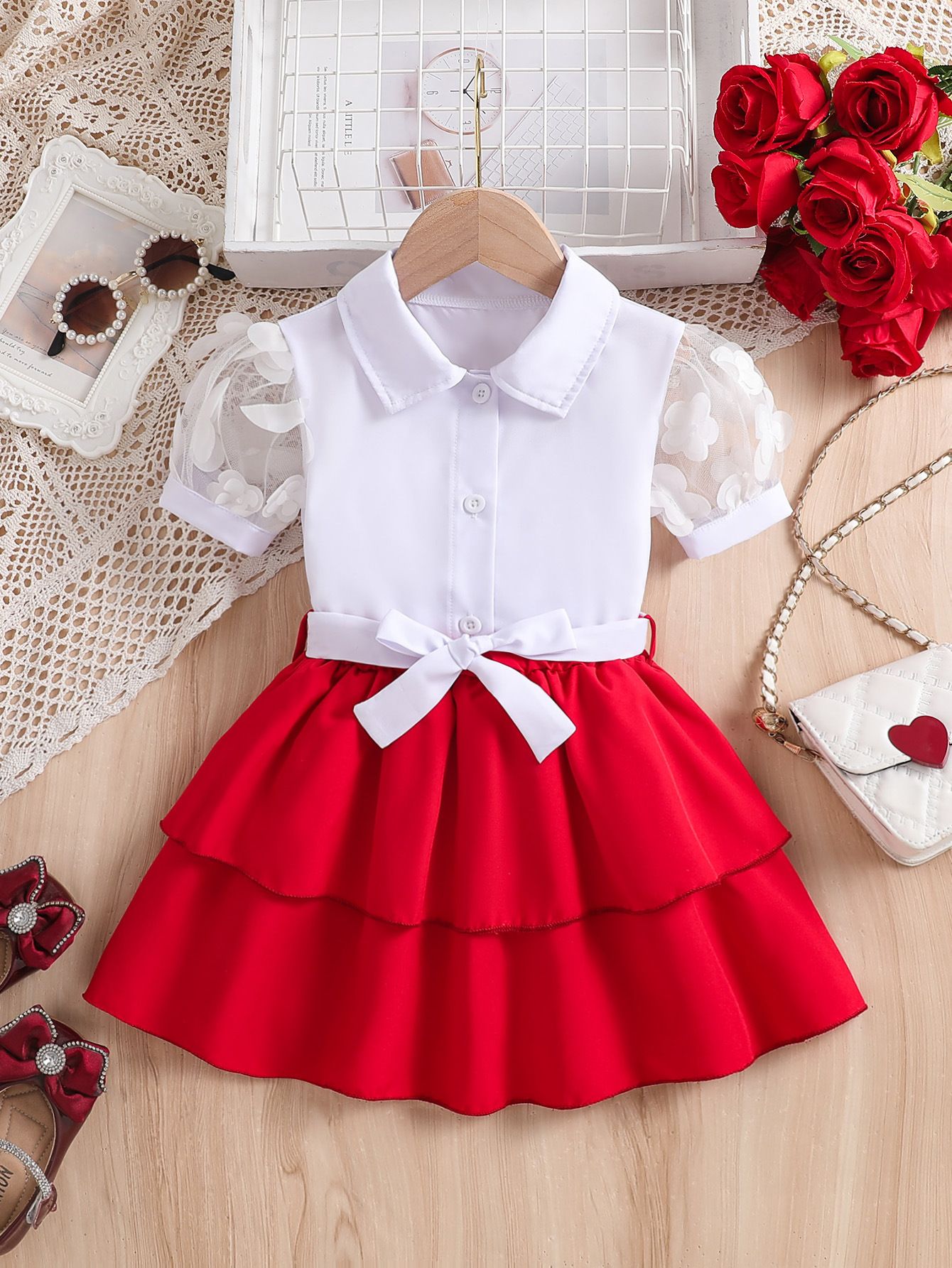 2 PCs Girls Kids Clothing INS Style Fashion New Style Collar Buttoned Lace Tulle Sleeve Bow Red Pleated Skirt Outfit