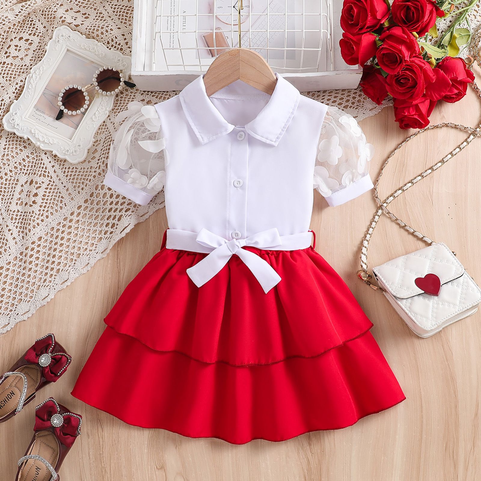 2 PCs Girls Kids Clothing INS Style Fashion New Style Collar Buttoned Lace Tulle Sleeve Bow Red Pleated Skirt Outfit