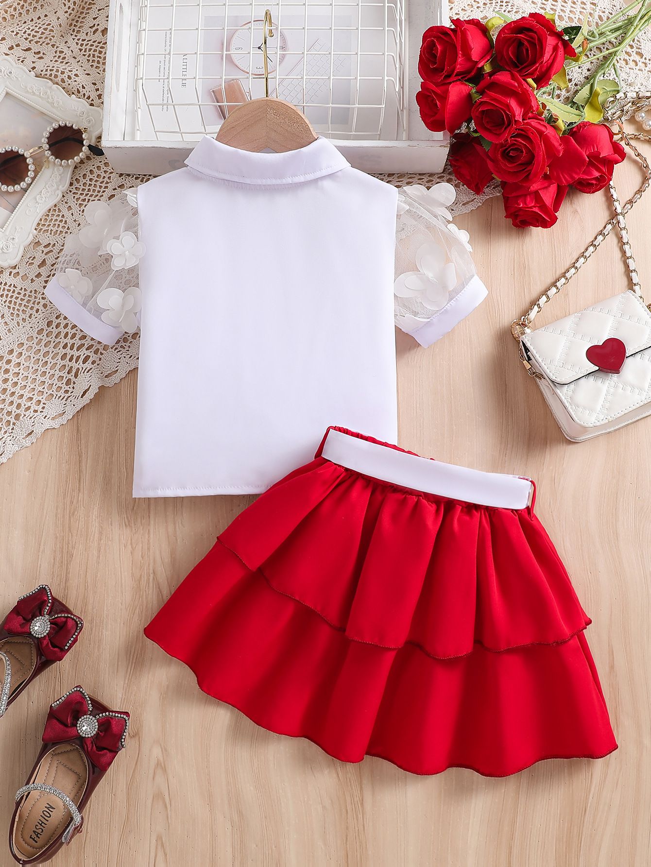 2 PCs Girls Kids Clothing INS Style Fashion New Style Collar Buttoned Lace Tulle Sleeve Bow Red Pleated Skirt Outfit