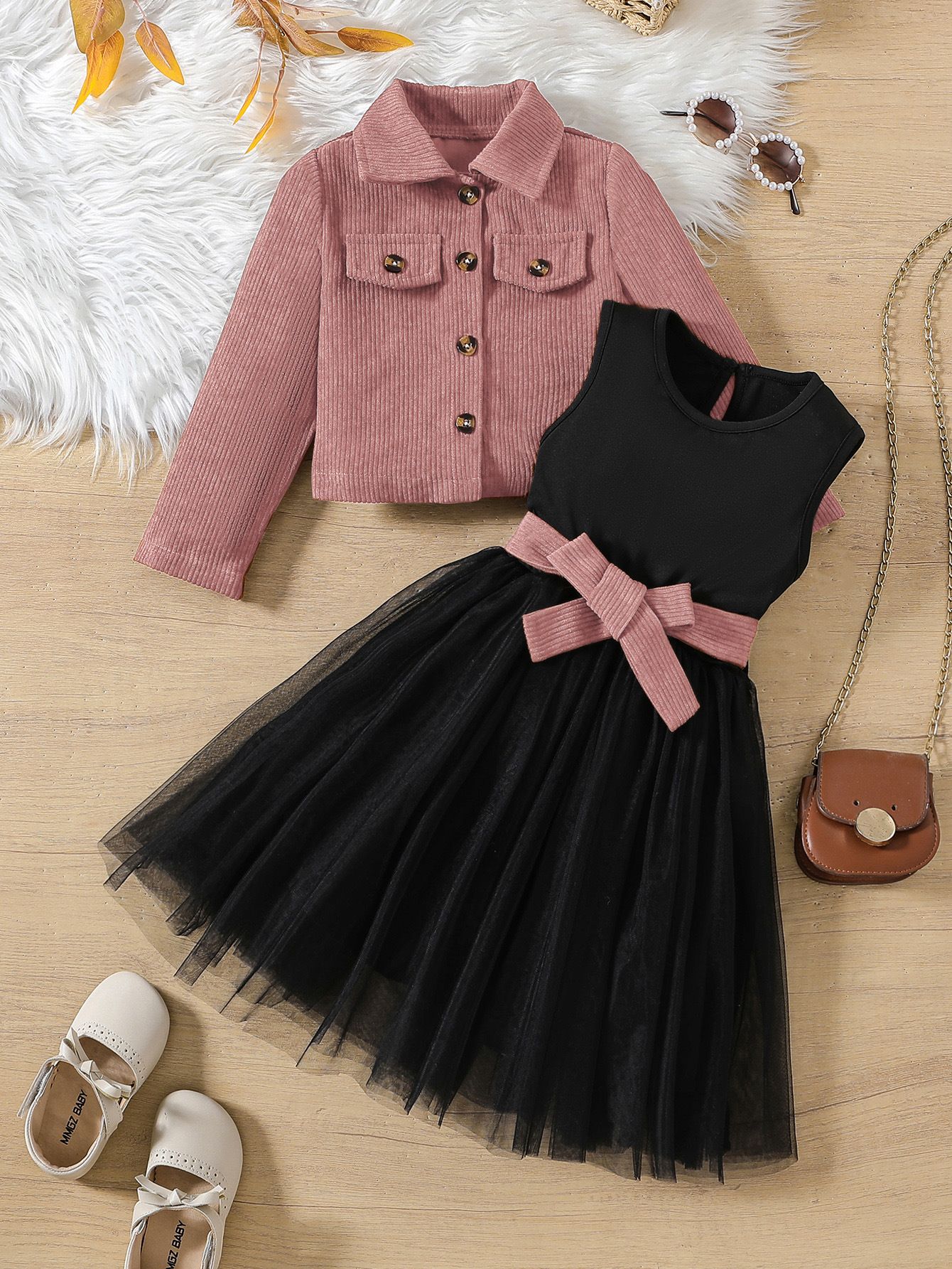 Girls' Clothing Long Sleeved Jacket Children's Clothing Coat Fashionable and High-end Sense Corduroy Cardigan Sleeveless Dress 2Pcs Clothing Set Vest Mesh Skirt