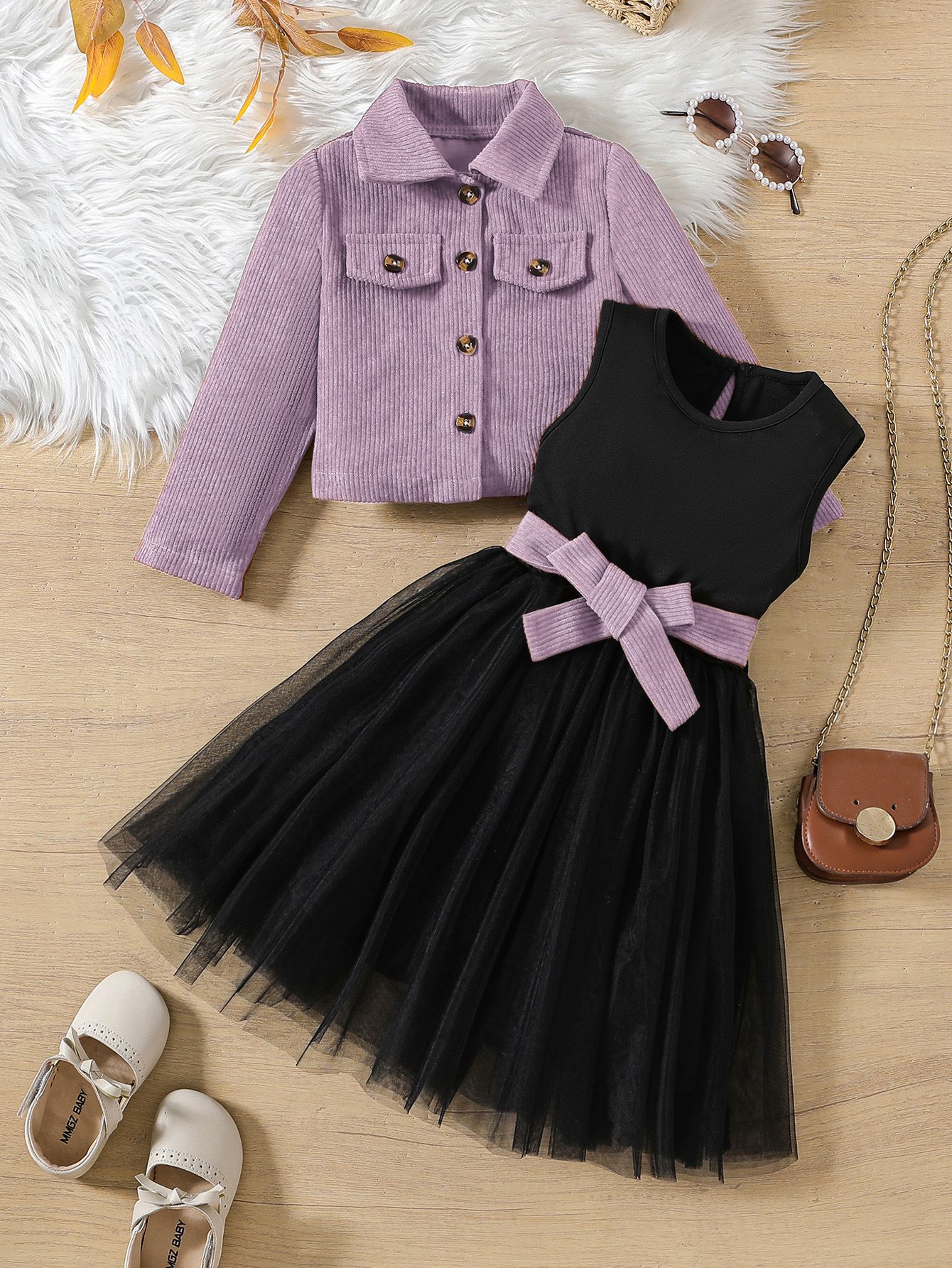 Girls' Clothing Long Sleeved Jacket Children's Clothing Coat Fashionable and High-end Sense Corduroy Cardigan Sleeveless Dress 2Pcs Clothing Set Vest Mesh Skirt