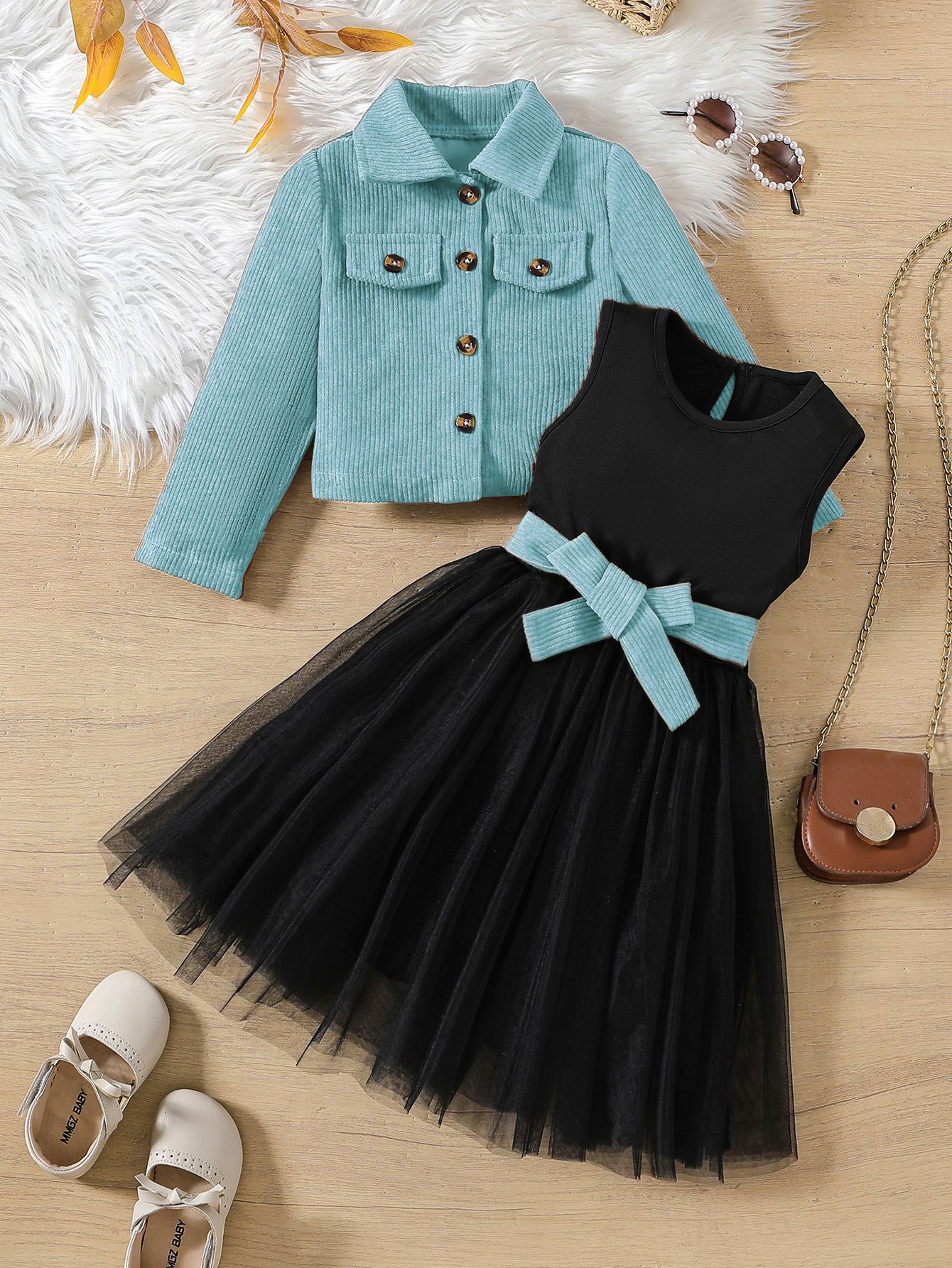 Girls' Clothing Long Sleeved Jacket Children's Clothing Coat Fashionable and High-end Sense Corduroy Cardigan Sleeveless Dress 2Pcs Clothing Set Vest Mesh Skirt