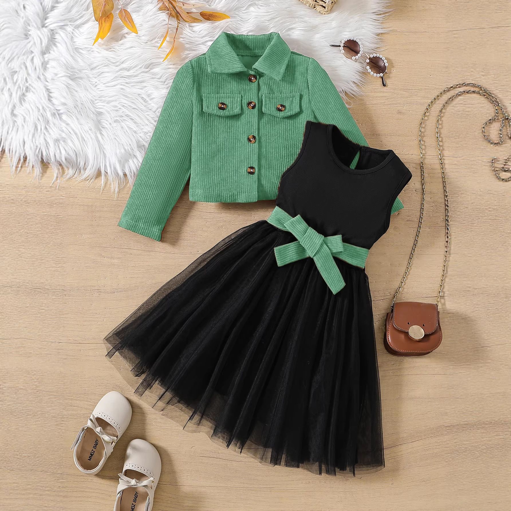 Girls' Clothing Long Sleeved Jacket Children's Clothing Coat Fashionable and High-end Sense Corduroy Cardigan Sleeveless Dress 2Pcs Clothing Set Vest Mesh Skirt