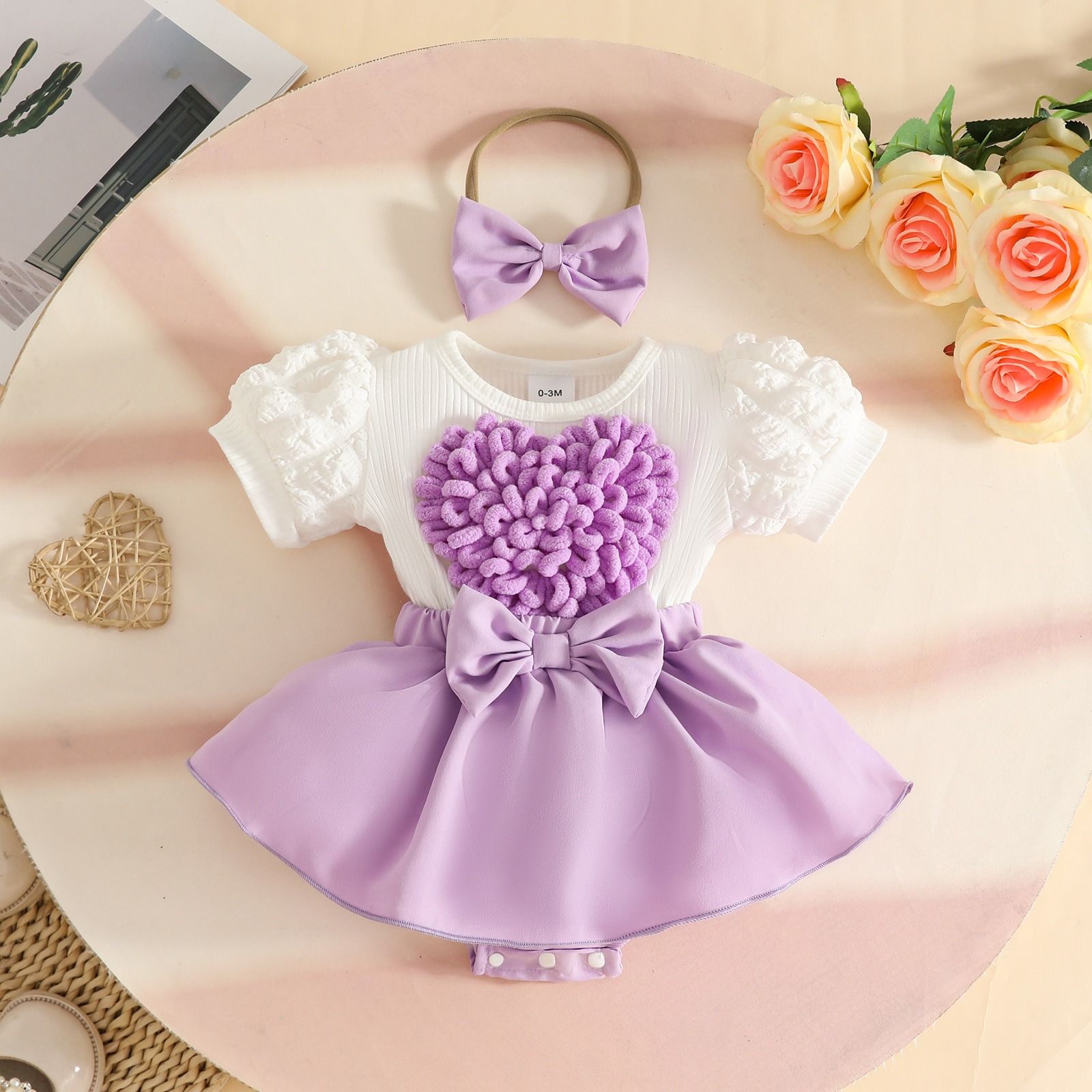 Baby Girls Cute Heart Dress Romper Puff Sleeve Short Sleeve Bodysuit with Bow Summer Infant Clothes with Bowknot Headband