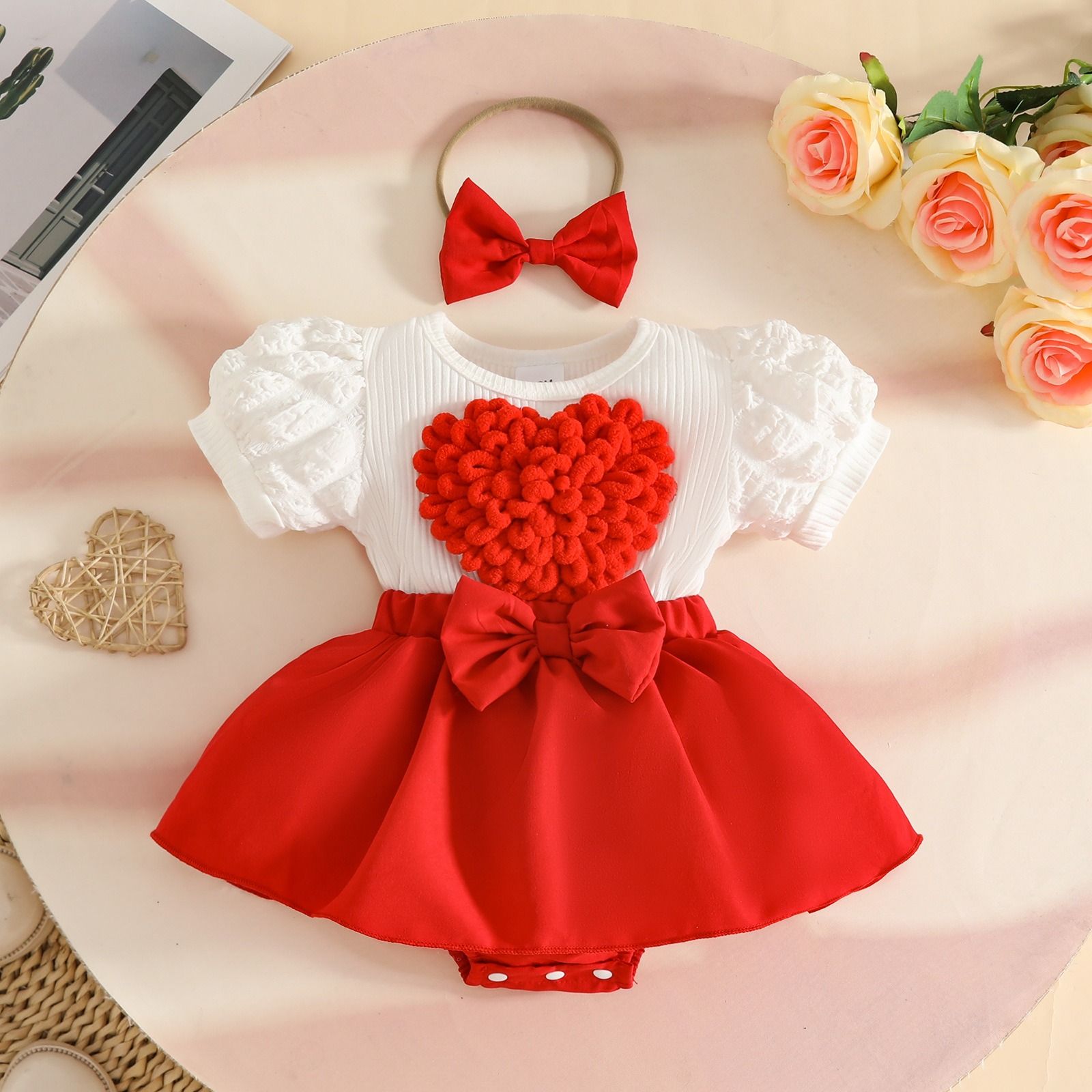 Baby Girls Cute Heart Dress Romper Puff Sleeve Short Sleeve Bodysuit with Bow Summer Infant Clothes with Bowknot Headband
