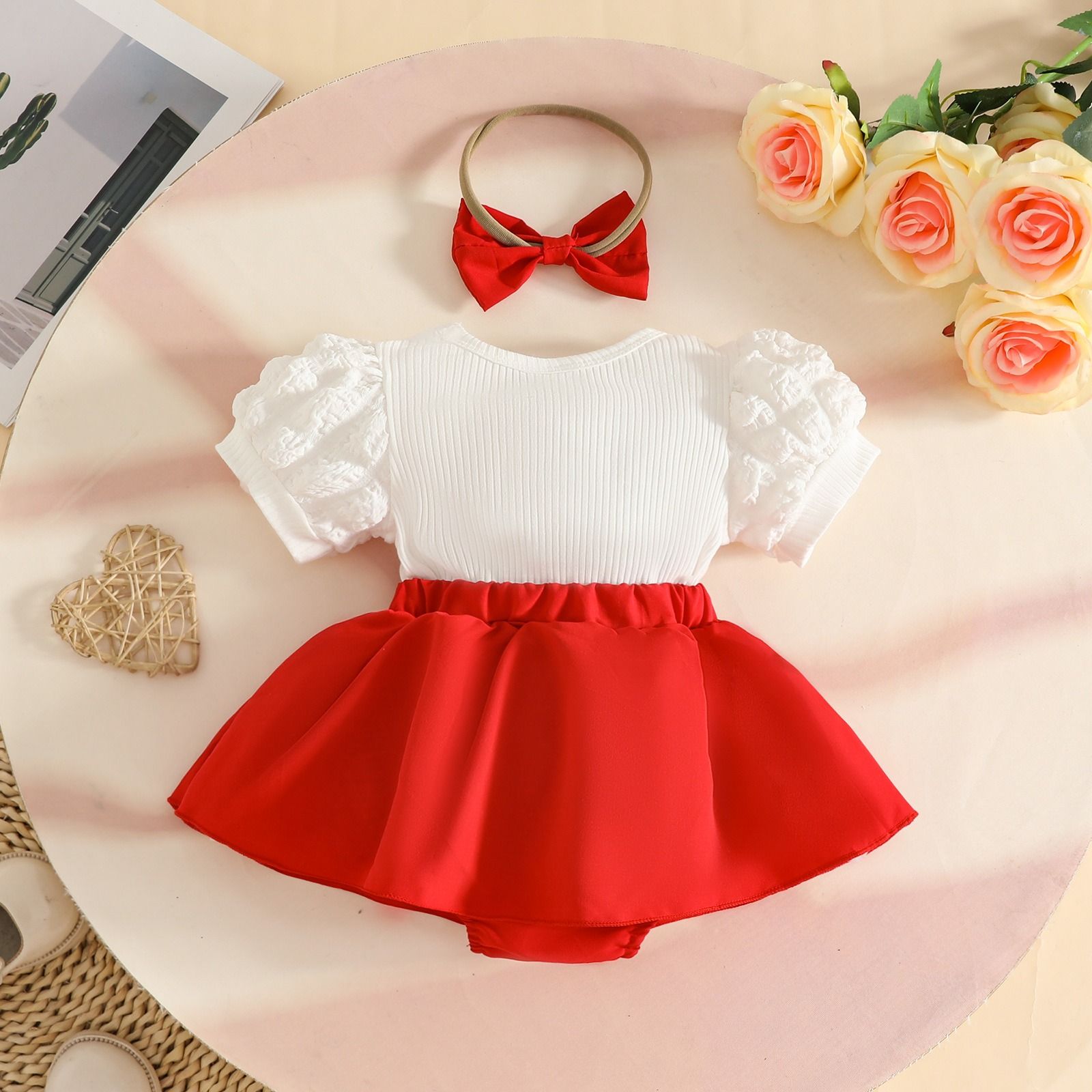 Baby Girls Cute Heart Dress Romper Puff Sleeve Short Sleeve Bodysuit with Bow Summer Infant Clothes with Bowknot Headband