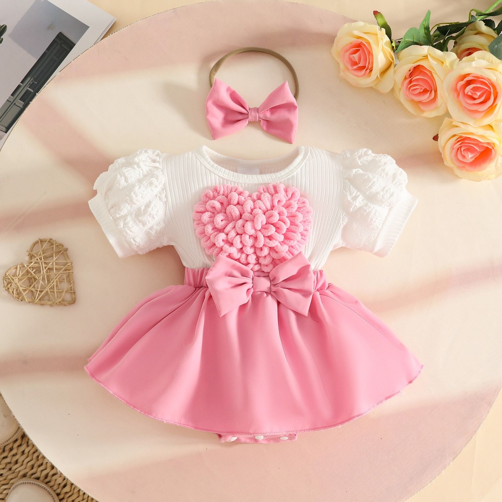 Baby Girls Cute Heart Dress Romper Puff Sleeve Short Sleeve Bodysuit with Bow Summer Infant Clothes with Bowknot Headband