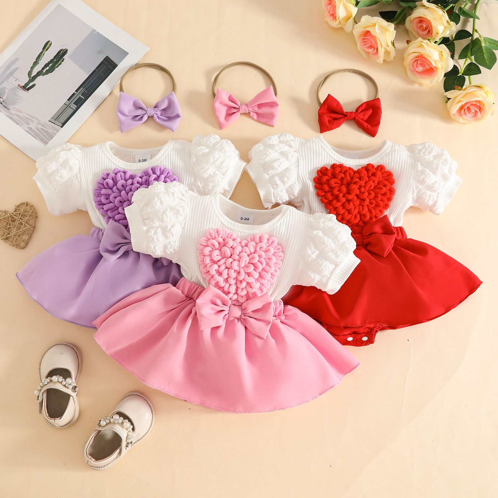 Baby Girls Cute Heart Dress Romper Puff Sleeve Short Sleeve Bodysuit with Bow Summer Infant Clothes with Bowknot Headband