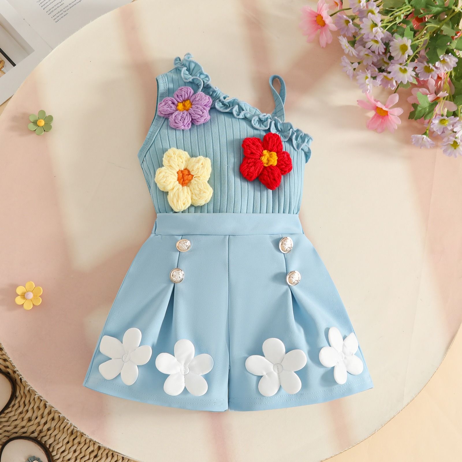 Baby Girl Summer Outfit 2PCS Set Floral Ribbed One Shoulder Top and Shorts Toddler Girls Cute Casual Clothes