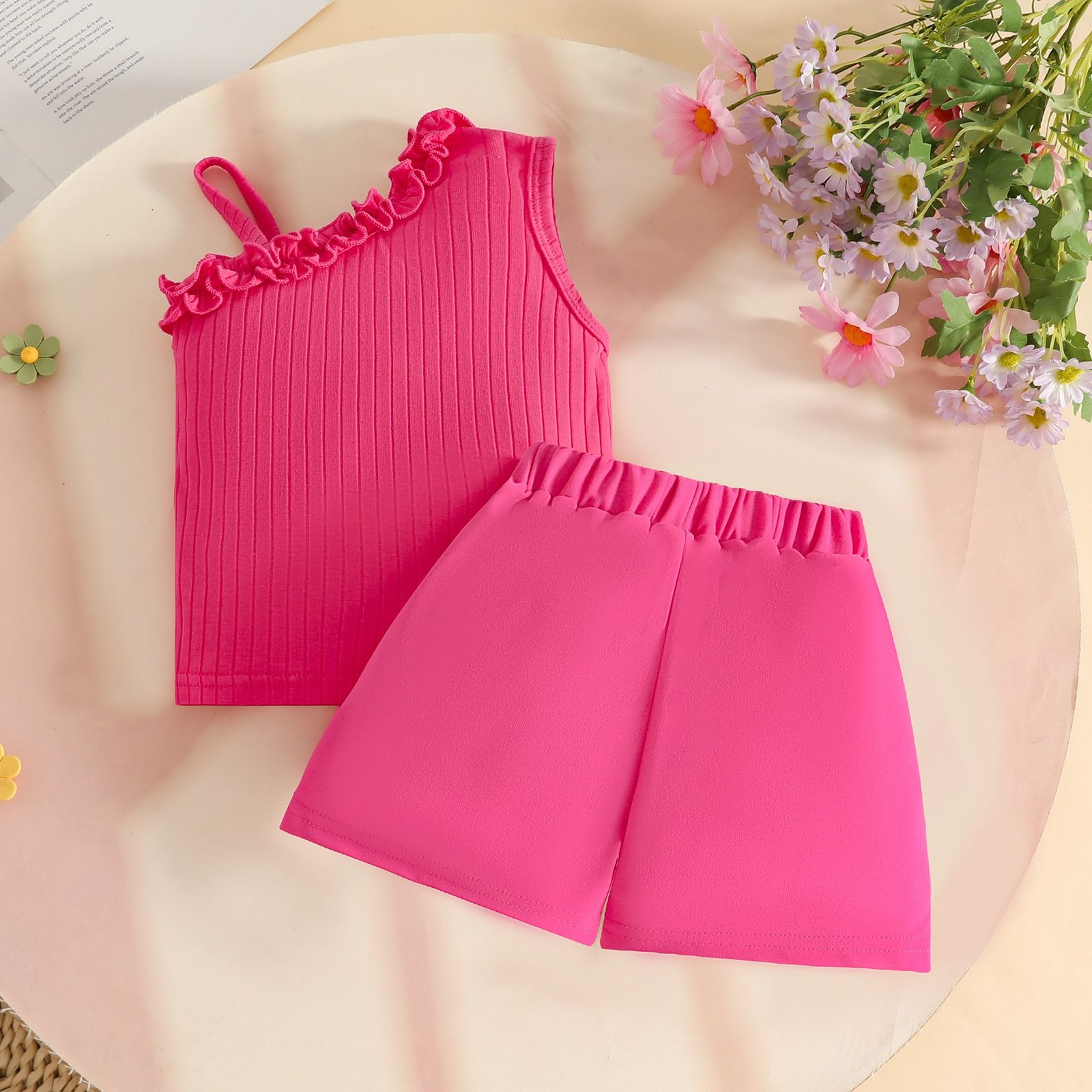 Baby Girl Summer Outfit 2PCS Set Floral Ribbed One Shoulder Top and Shorts Toddler Girls Cute Casual Clothes