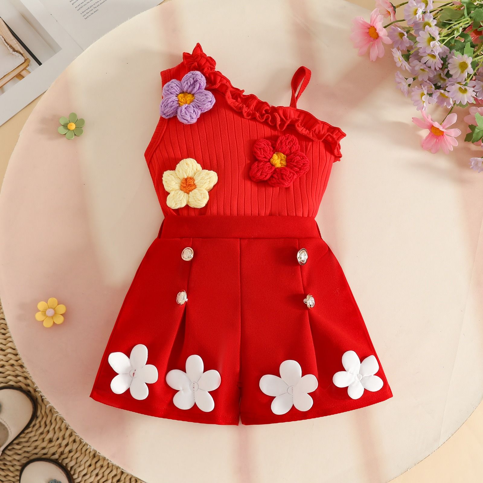 Baby Girl Summer Outfit 2PCS Set Floral Ribbed One Shoulder Top and Shorts Toddler Girls Cute Casual Clothes