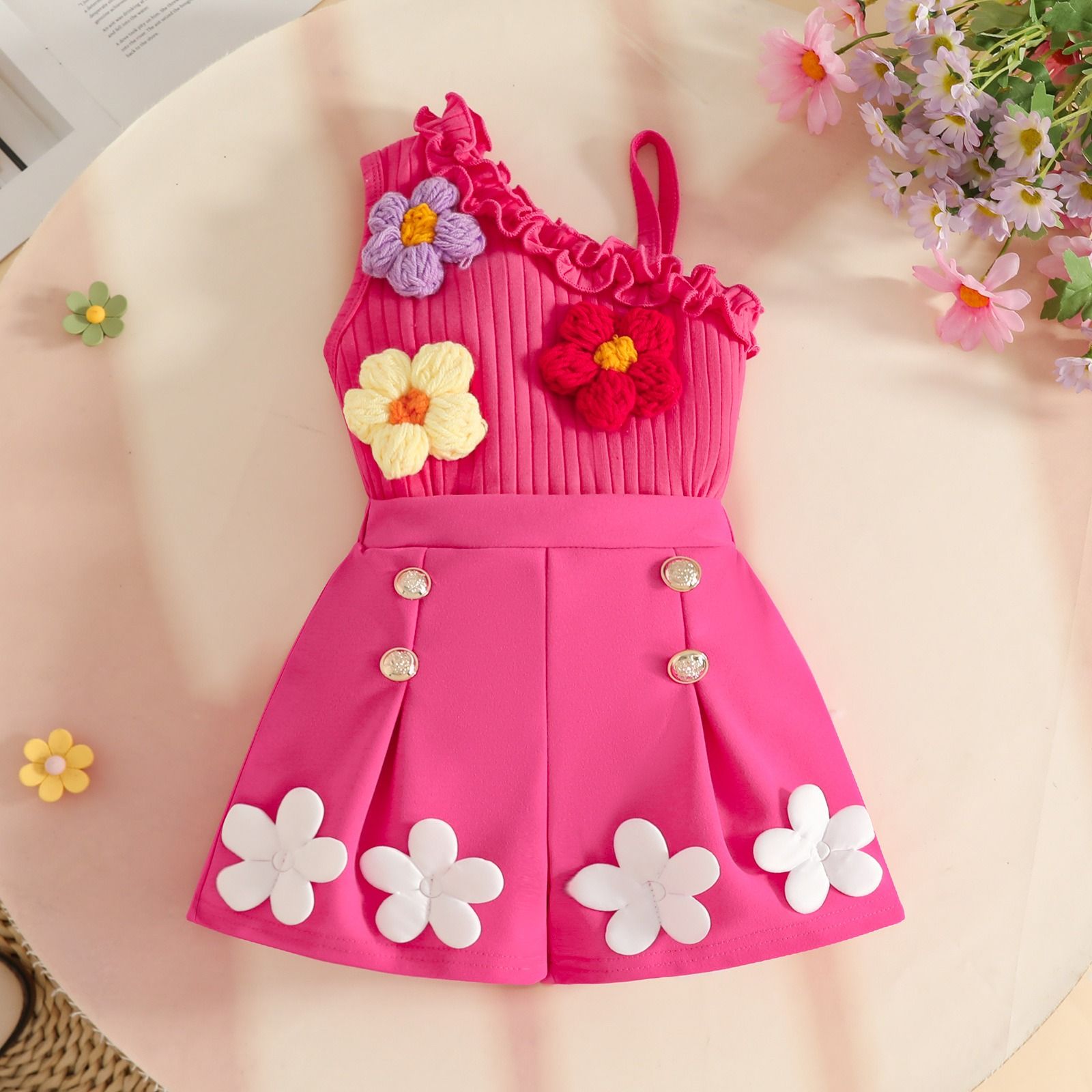 Baby Girl Summer Outfit 2PCS Set Floral Ribbed One Shoulder Top and Shorts Toddler Girls Cute Casual Clothes