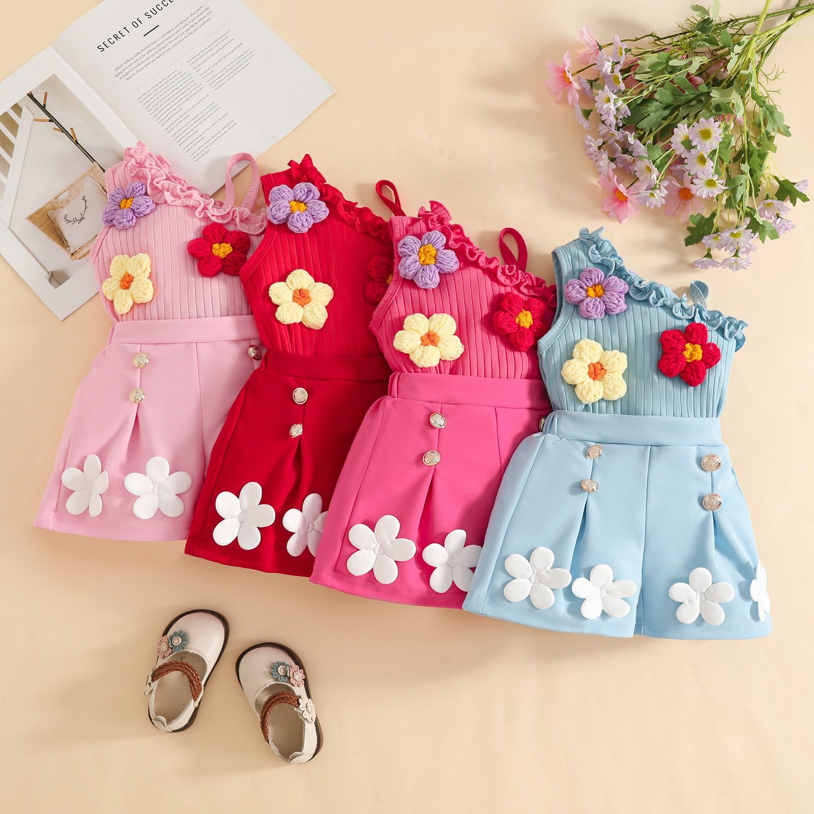 Baby Girl Summer Outfit 2PCS Set Floral Ribbed One Shoulder Top and Shorts Toddler Girls Cute Casual Clothes