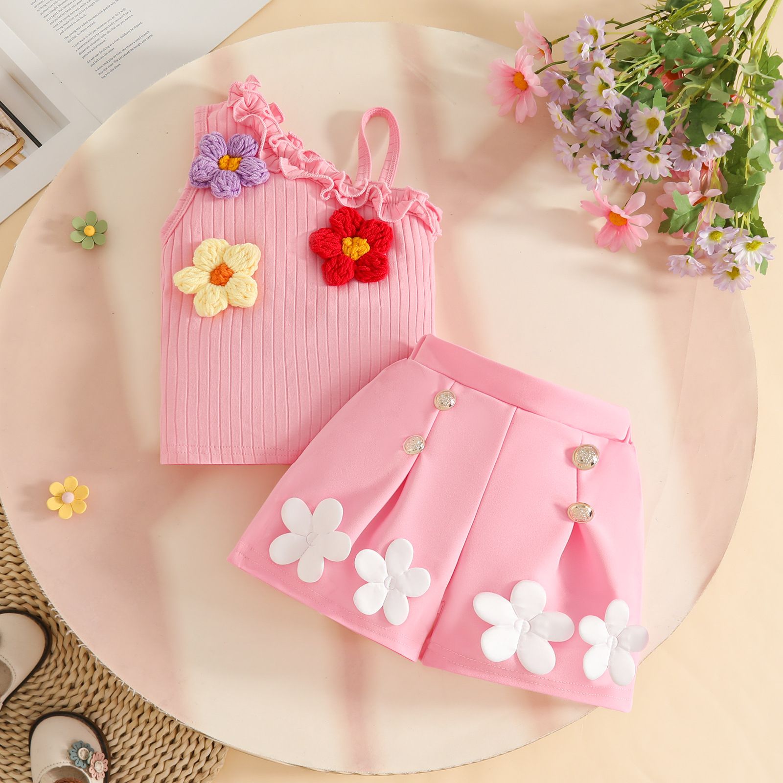 Baby Girl Summer Outfit 2PCS Set Floral Ribbed One Shoulder Top and Shorts Toddler Girls Cute Casual Clothes