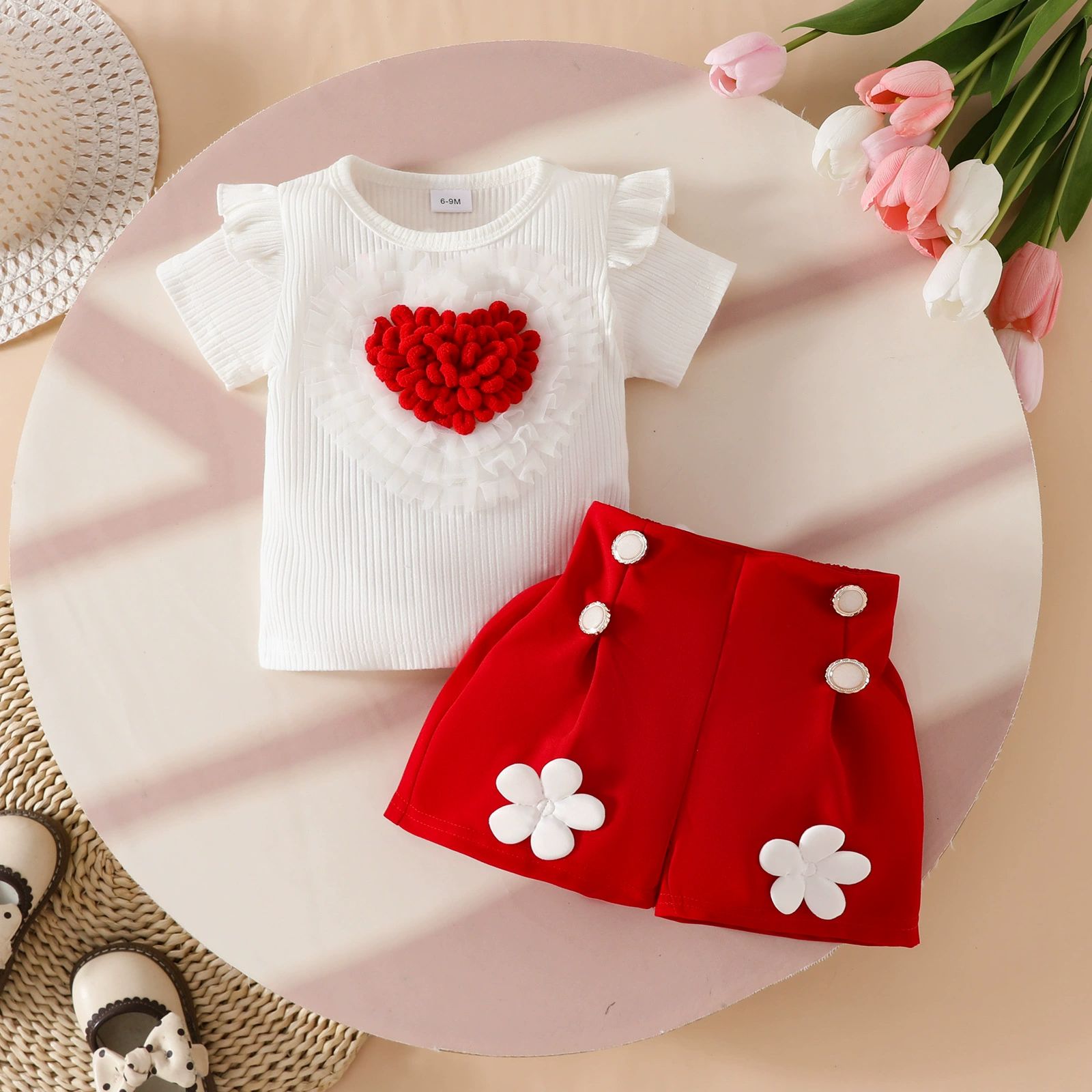 Toddler Baby Girl Summer Clothes Set Cute 3D Heart Short Sleeve T-Shirt Top and Shorts 2PCS Outfit Kids Casual Wear