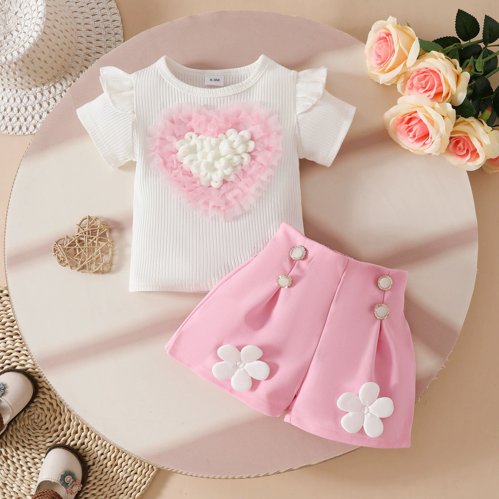 Toddler Baby Girl Summer Clothes Set Cute 3D Heart Short Sleeve T-Shirt Top and Shorts 2PCS Outfit Kids Casual Wear