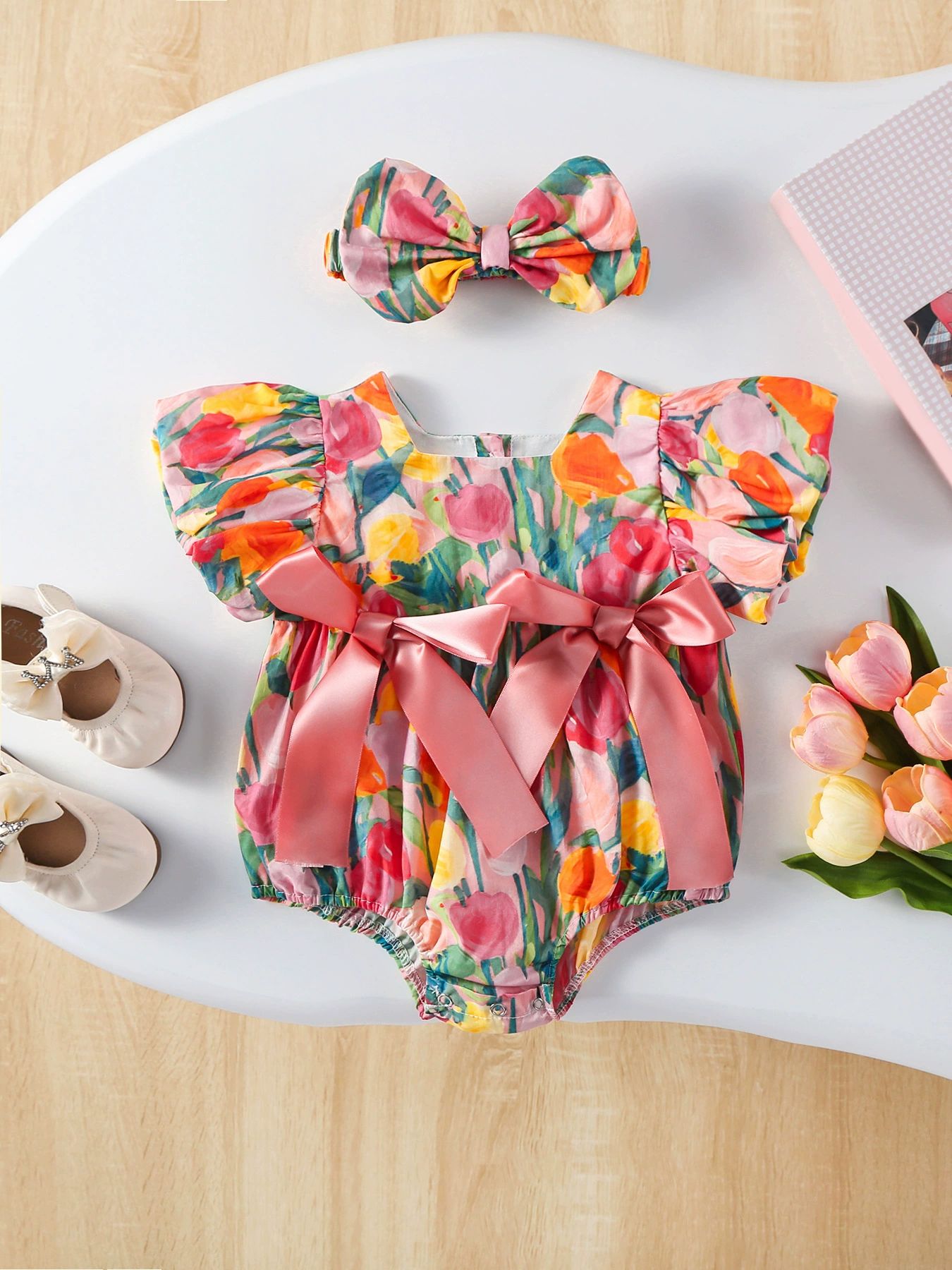 Baby Tulip Print Romper Summer Cotton Bodysuit Infant Short Sleeve Jumpsuit Cute Baby Clothes with Bowknot Headband Toddlers Clothes