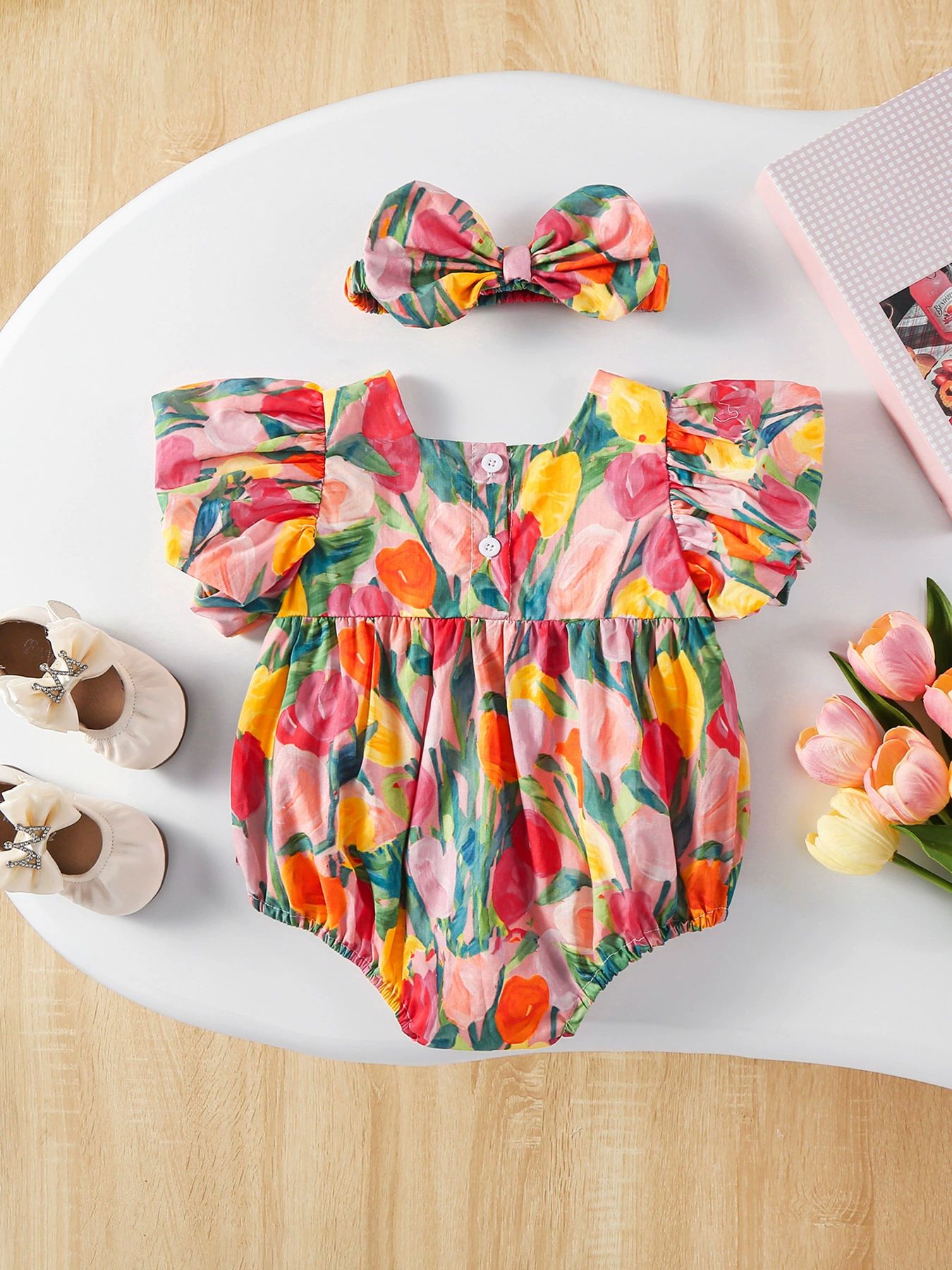 Baby Tulip Print Romper Summer Cotton Bodysuit Infant Short Sleeve Jumpsuit Cute Baby Clothes with Bowknot Headband Toddlers Clothes