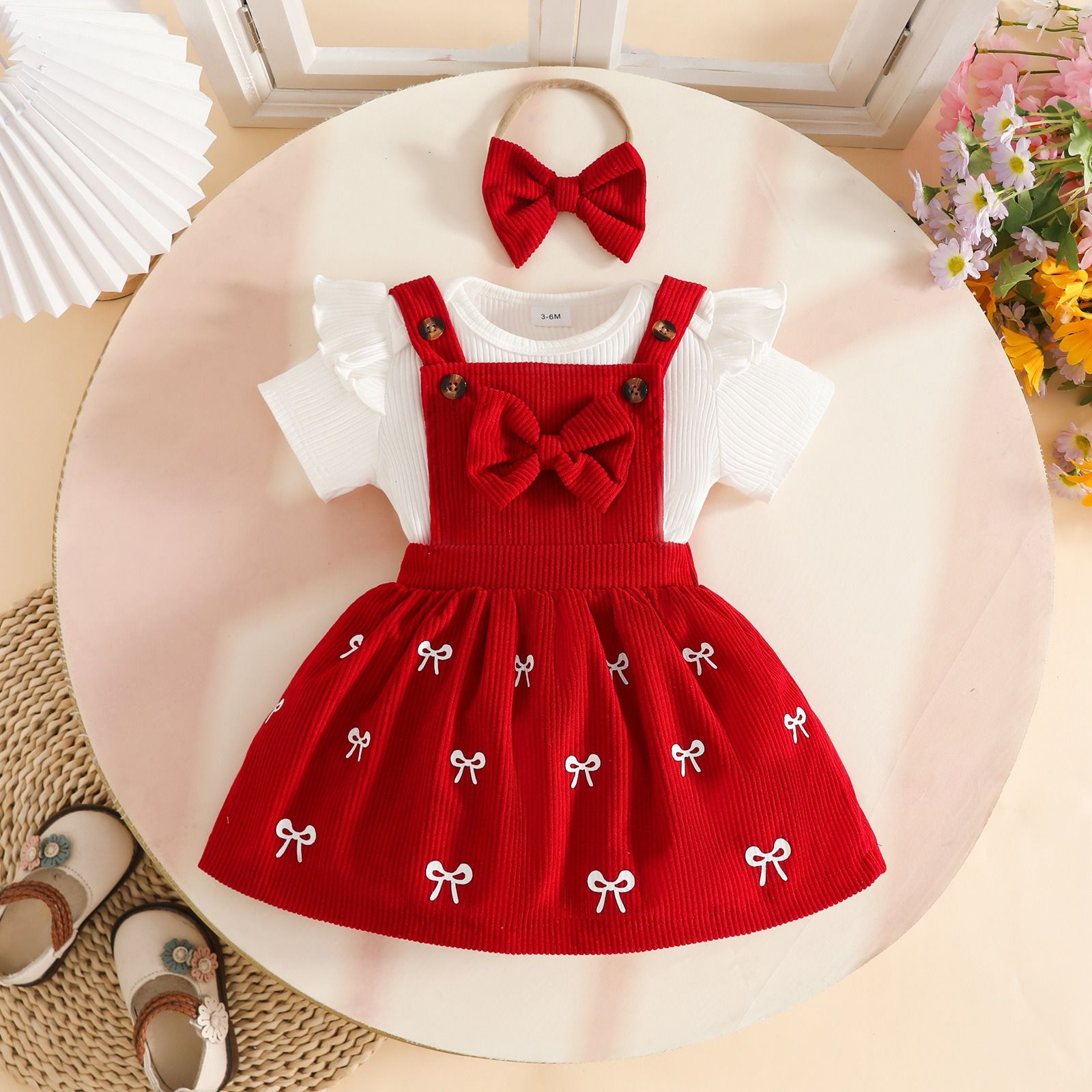 2026 Baby Girl 3PCS Outfit Set Ribbed Short Sleeve Romper Bow Corduroy Dress Headband Infant Clothes