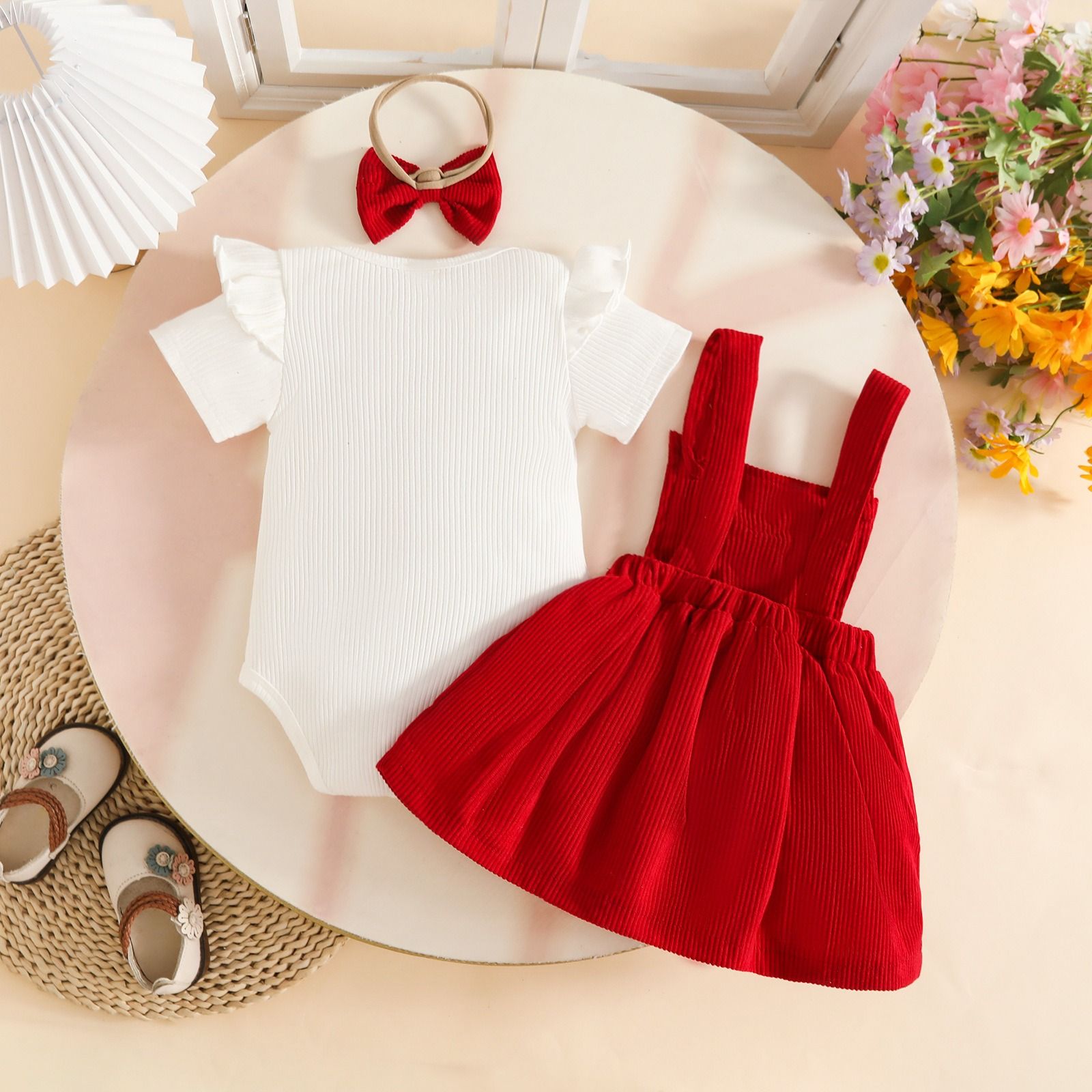 2026 Baby Girl 3PCS Outfit Set Ribbed Short Sleeve Romper Bow Corduroy Dress Headband Infant Clothes
