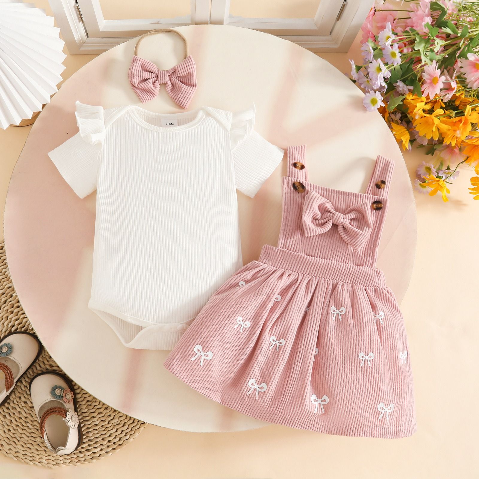 2026 Baby Girl 3PCS Outfit Set Ribbed Short Sleeve Romper Bow Corduroy Dress Headband Infant Clothes