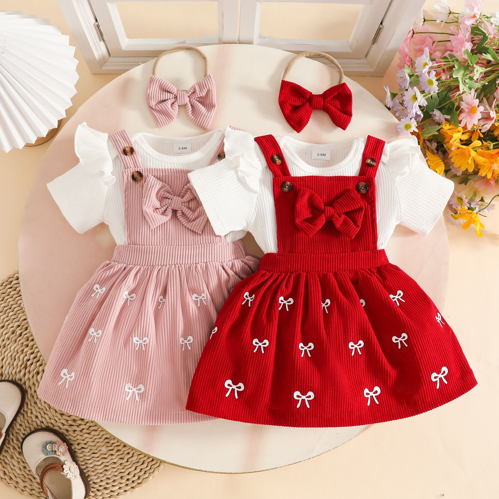2026 Baby Girl 3PCS Outfit Set Ribbed Short Sleeve Romper Bow Corduroy Dress Headband Infant Clothes