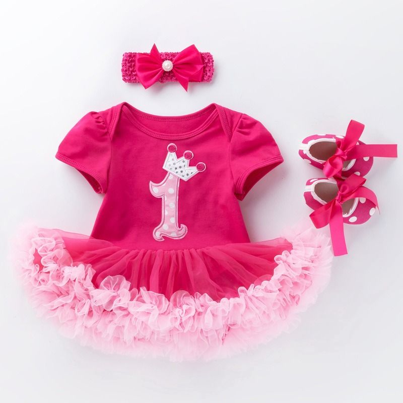2026 New Summer Baby Girl Outfit Set Cartoon Short Sleeve Romper Dress in Rose Red, Walking Shoes & Bow Headband 3PCS Set, 1–2 Year Birthday Gift