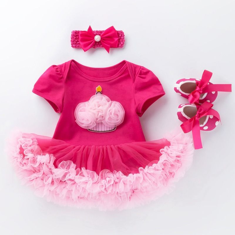 2026 New Summer Baby Girl Outfit Set Cartoon Short Sleeve Romper Dress in Rose Red, Walking Shoes & Bow Headband 3PCS Set, 1–2 Year Birthday Gift