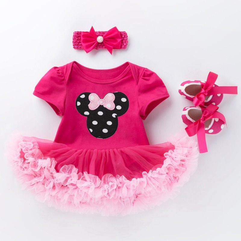 2026 New Summer Baby Girl Outfit Set Cartoon Short Sleeve Romper Dress in Rose Red, Walking Shoes & Bow Headband 3PCS Set, 1–2 Year Birthday Gift