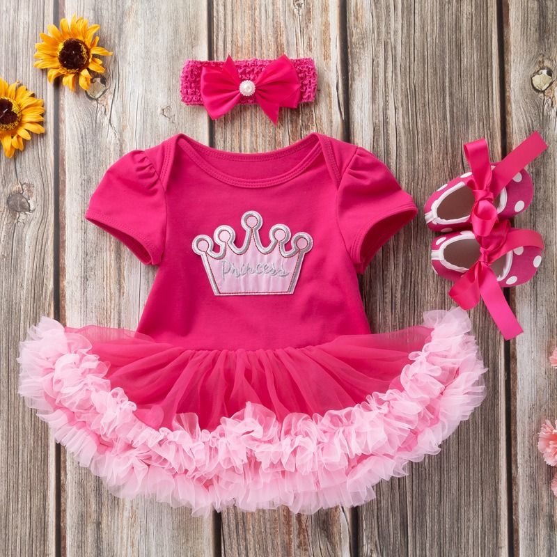 2026 New Summer Baby Girl Outfit Set Cartoon Short Sleeve Romper Dress in Rose Red, Walking Shoes & Bow Headband 3PCS Set, 1–2 Year Birthday Gift