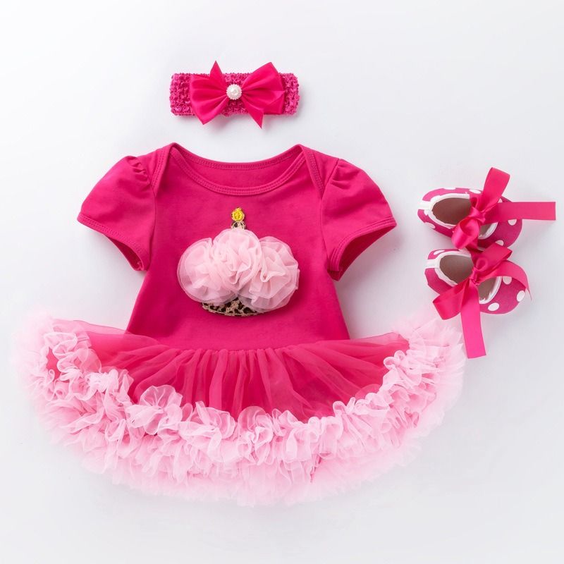 2026 New Summer Baby Girl Outfit Set Cartoon Short Sleeve Romper Dress in Rose Red, Walking Shoes & Bow Headband 3PCS Set, 1–2 Year Birthday Gift