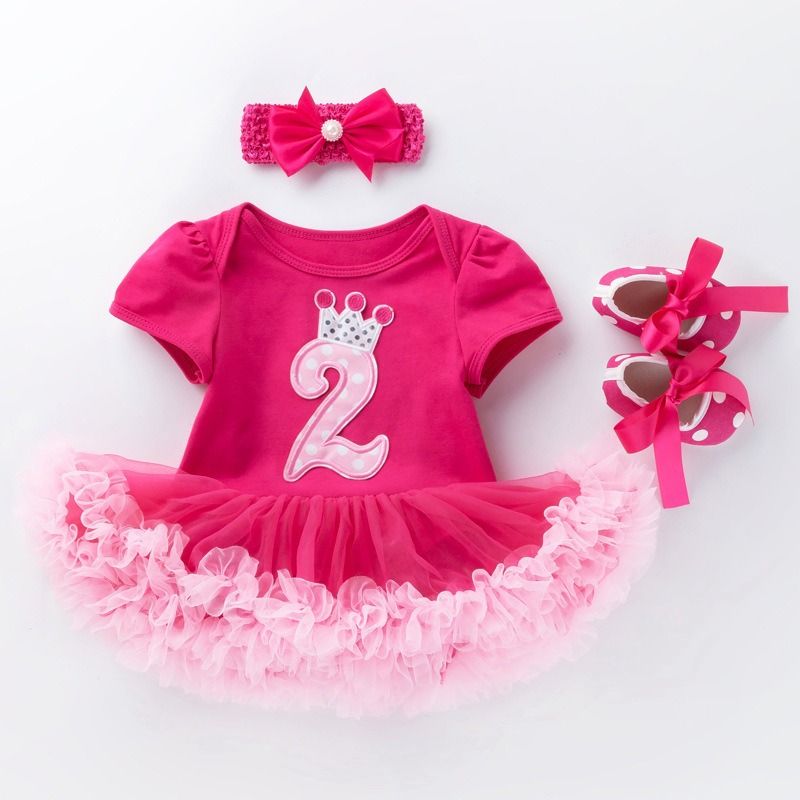 2026 New Summer Baby Girl Outfit Set Cartoon Short Sleeve Romper Dress in Rose Red, Walking Shoes & Bow Headband 3PCS Set, 1–2 Year Birthday Gift