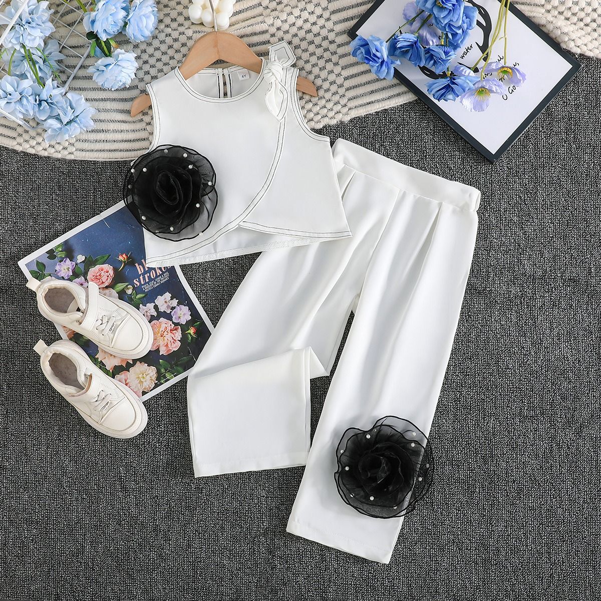 Sleeveless Floral Crop Top & Casual Wide Leg Pants Breathable Cool Outfit 2PCS Set for Girls 2-7Y Fashion Girl Clothes Kid  Clothing Sets