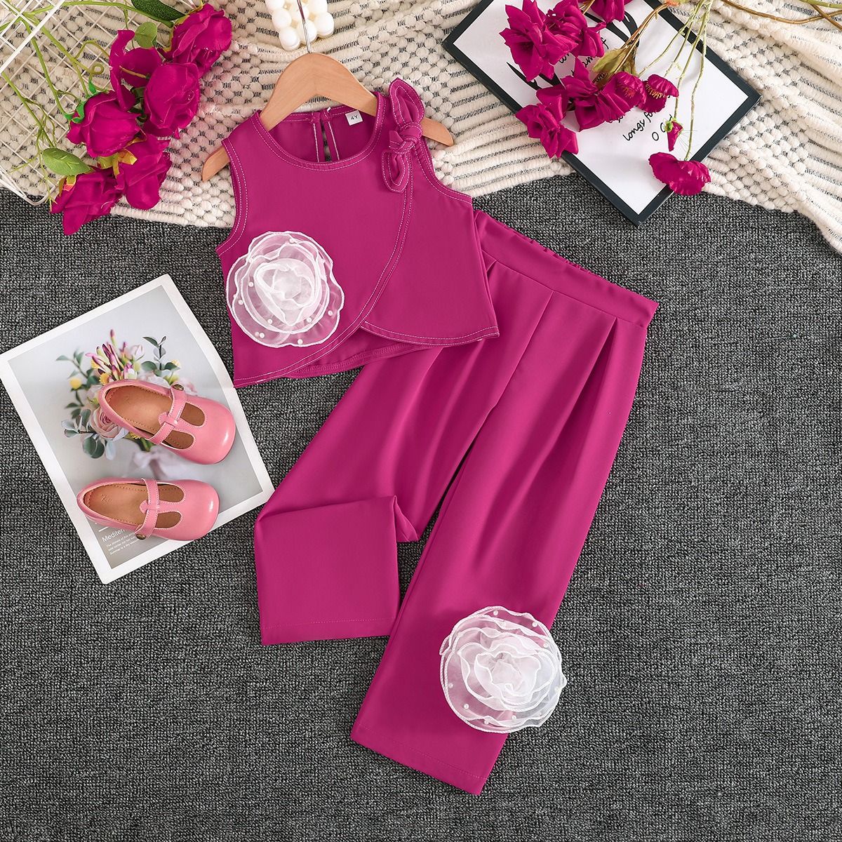 Sleeveless Floral Crop Top & Casual Wide Leg Pants Breathable Cool Outfit 2PCS Set for Girls 2-7Y Fashion Girl Clothes Kid  Clothing Sets