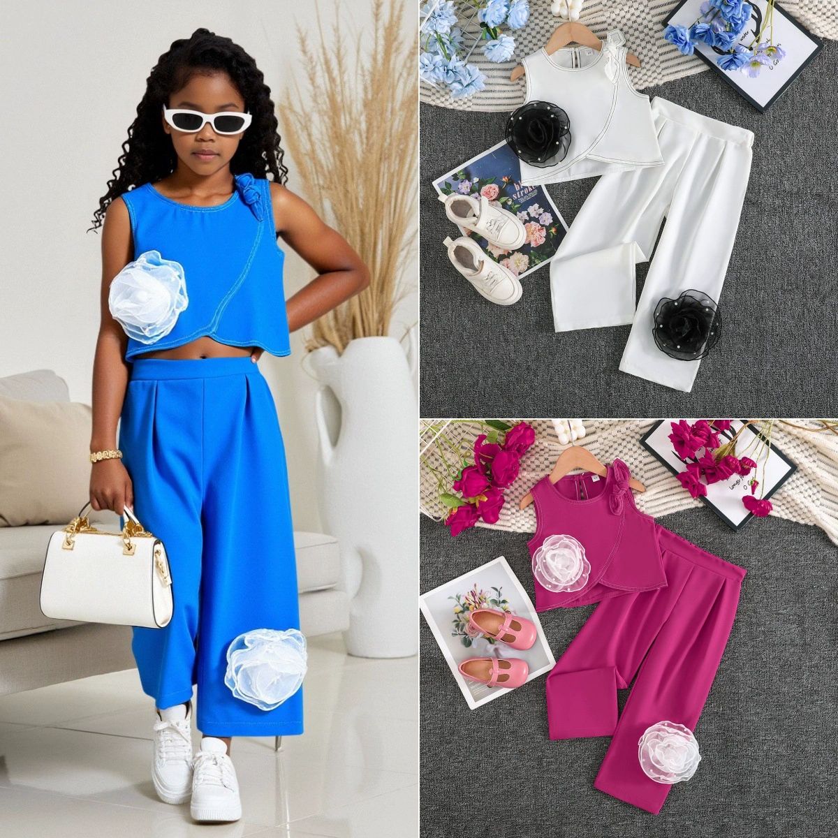 Sleeveless Floral Crop Top & Casual Wide Leg Pants Breathable Cool Outfit 2PCS Set for Girls 2-7Y Fashion Girl Clothes Kid  Clothing Sets